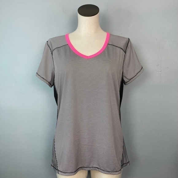 Hannah H2 Black Pink Striped Breathable Mesh Inset Short Sleeve Shirt Size L - Picture 1 of 12